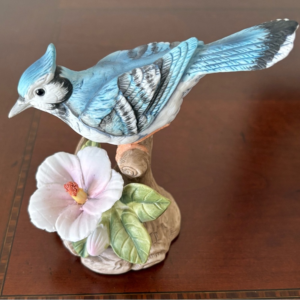 Royal Crown Blue and White Bird Figurine with Flower